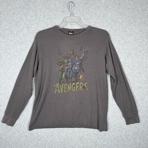 VTG Marvel Comics Mad Engine AVENGERS LS Thermal Shirt Gray Waffle Knit M/L  Y2K